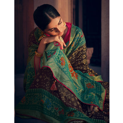 Brown Festive Wear Printed Moss Brasso Paithani Silk Saree