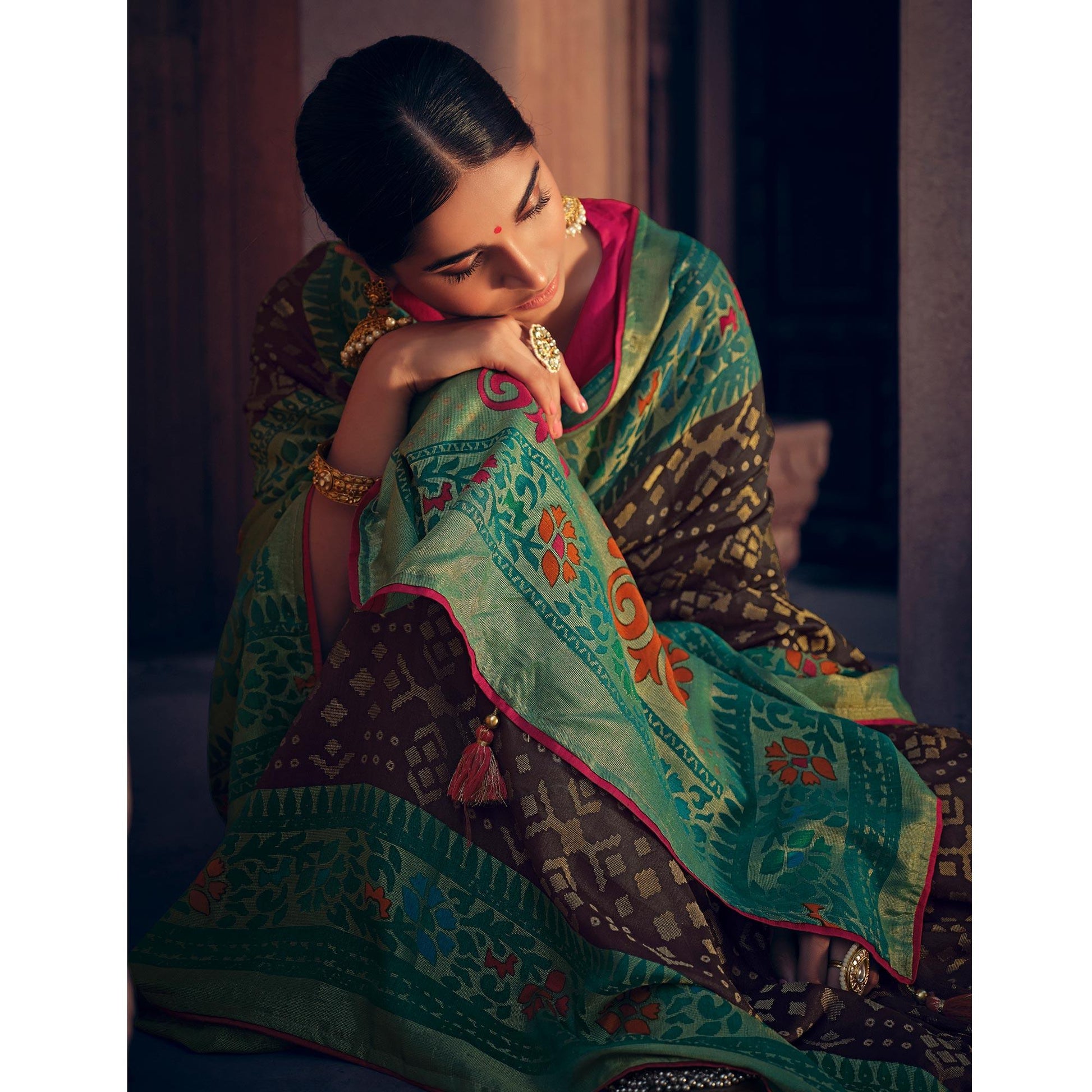 Brown Festive Wear Printed Moss Brasso Paithani Silk Saree