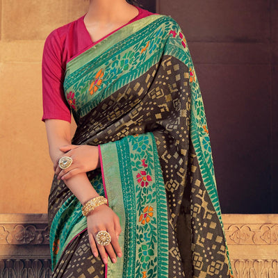 Brown Festive Wear Printed Moss Brasso Paithani Silk Saree