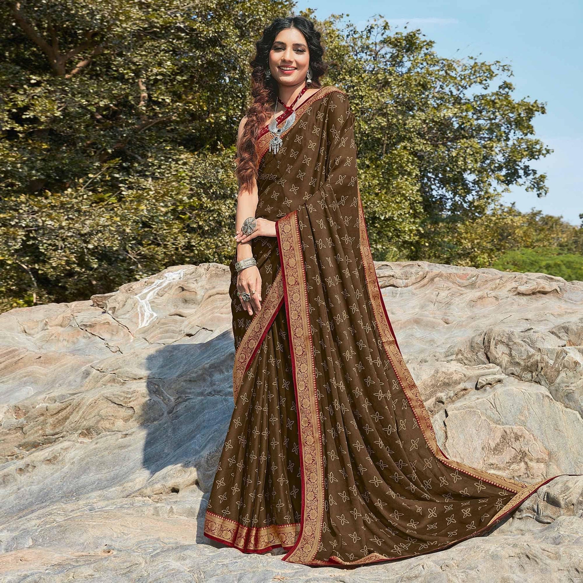 Brown Festive Wear Printed Silk Saree