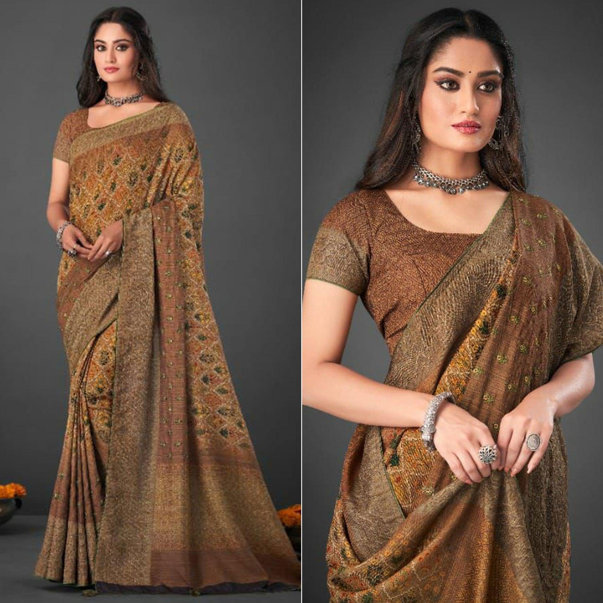 Brown Festive Wear Printed Silk Saree