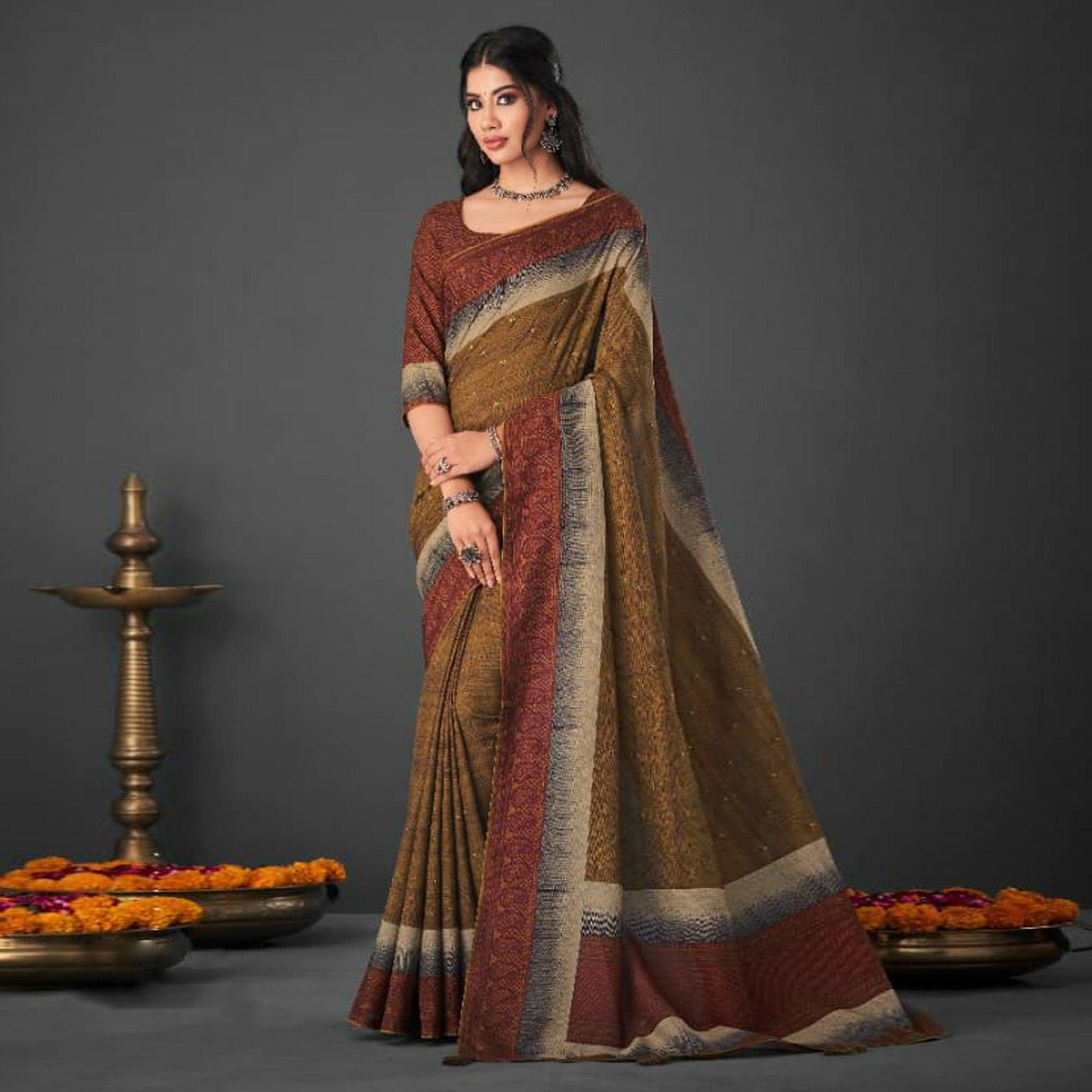 Brown Festive Wear Printed Silk Saree