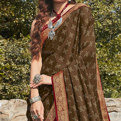 Brown Festive Wear Printed Silk Saree