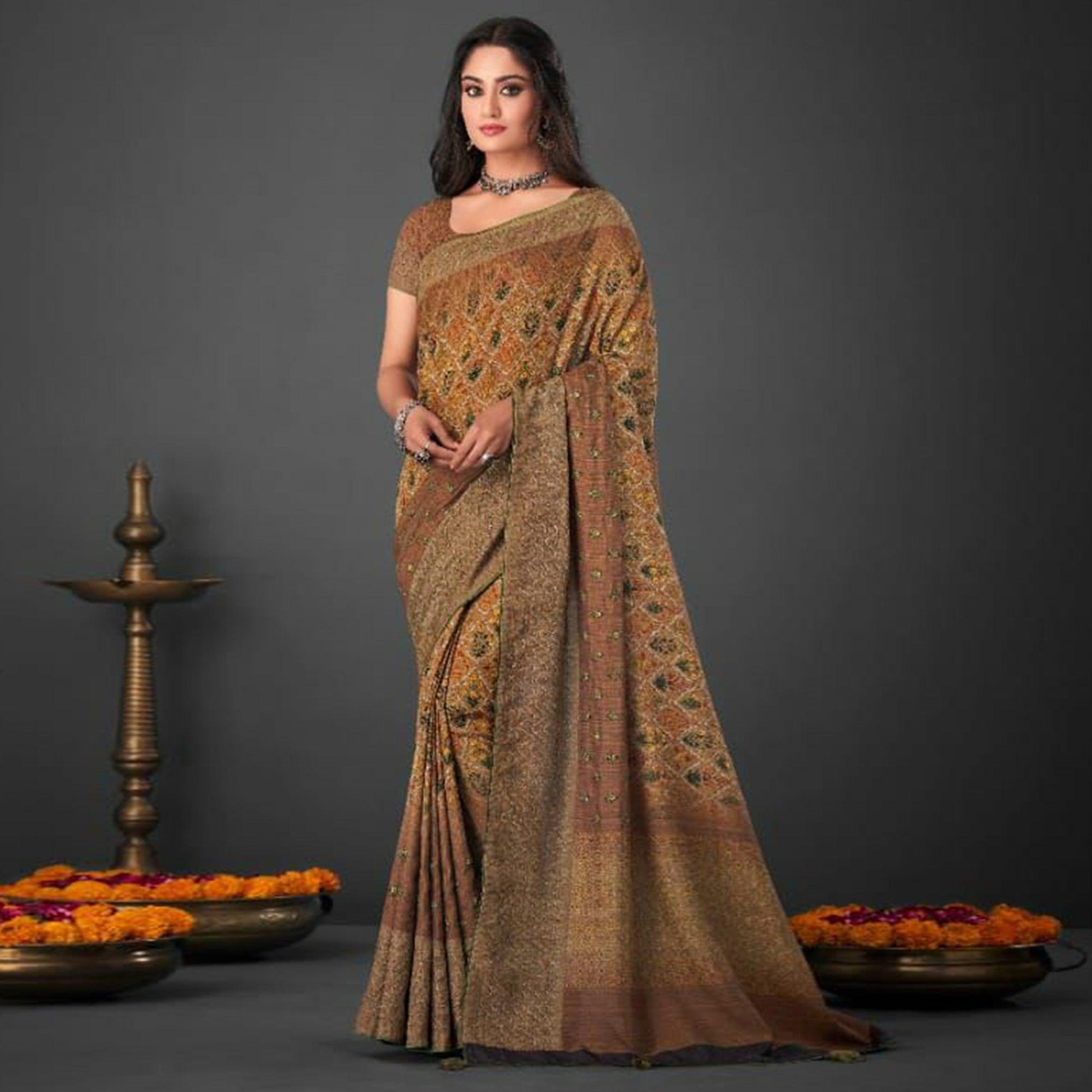 Brown Festive Wear Printed Silk Saree