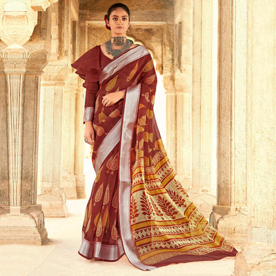 Brown Festive Wear Printed Silk Saree With Border