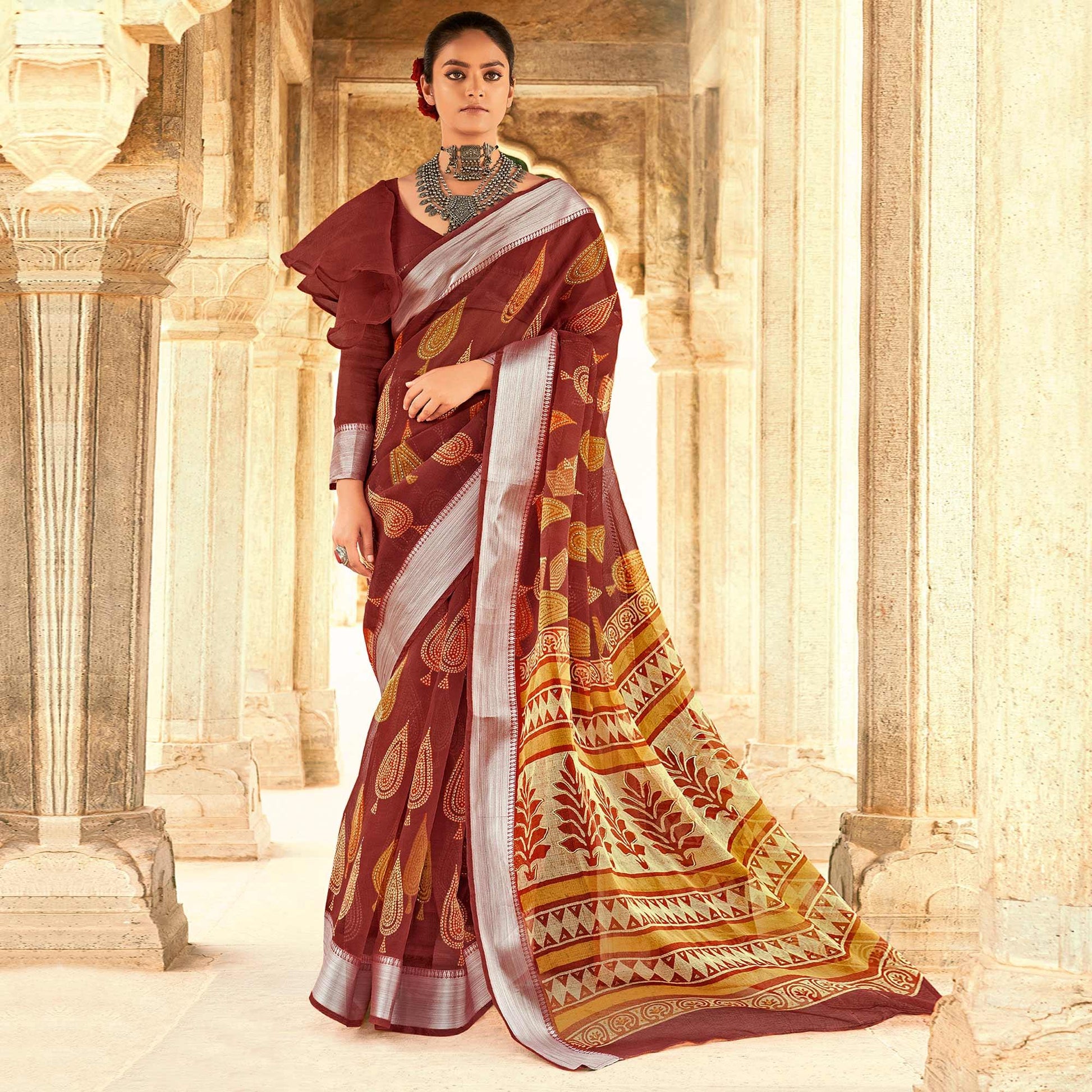 Brown Festive Wear Printed Silk Saree With Border