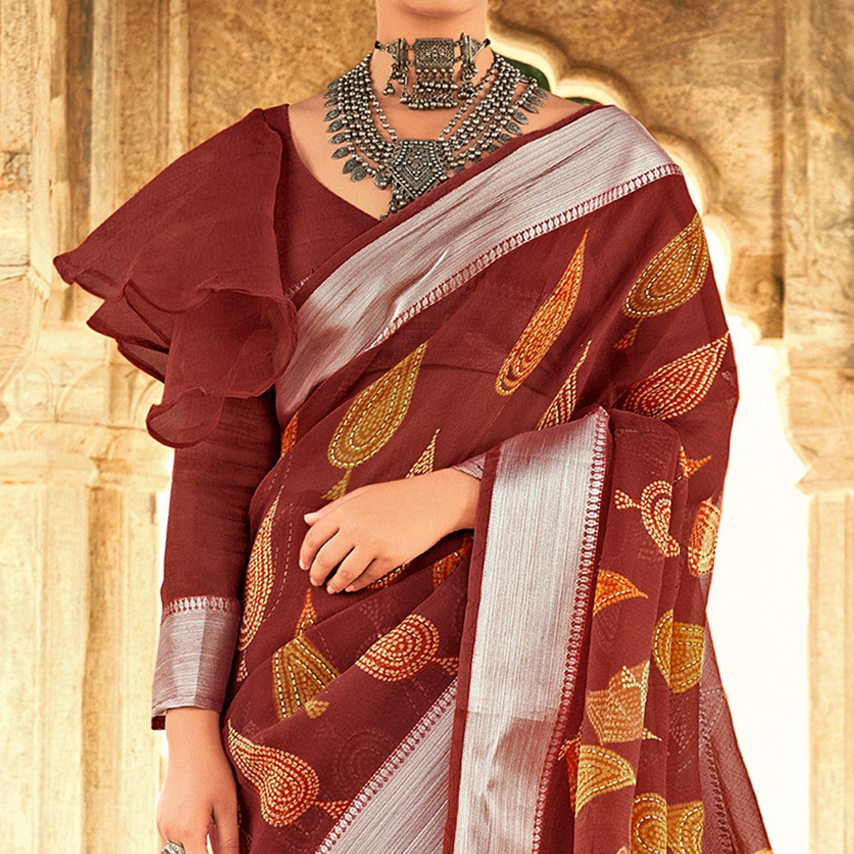 Brown Festive Wear Printed Silk Saree With Border