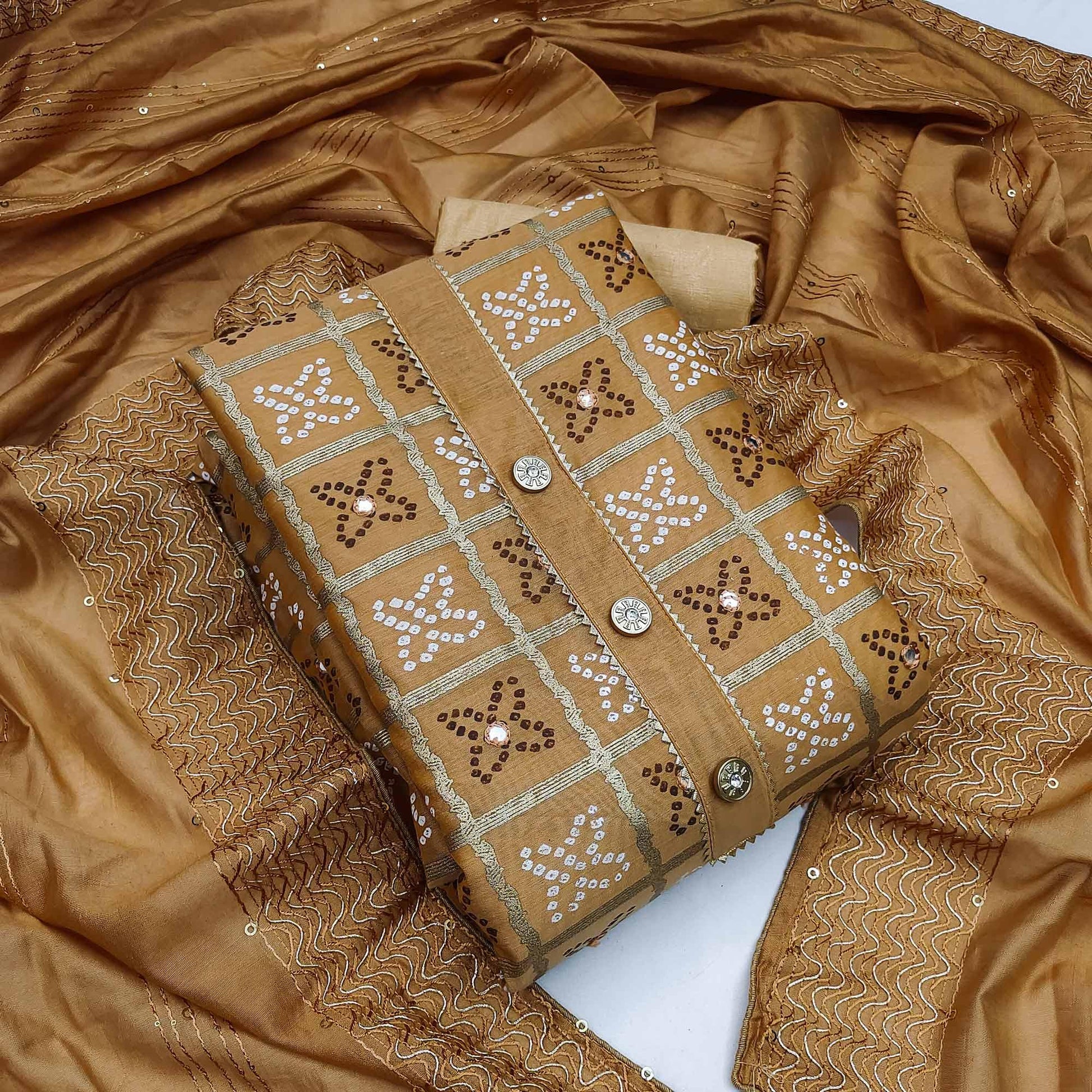 Brown Festive Wear Printed With Handwork Modal Dress Material