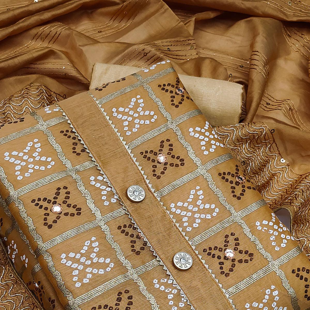 Brown Festive Wear Printed With Handwork Modal Dress Material