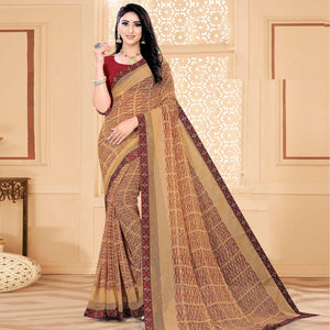 Brown Festive Wear Printed With Lace Work Chiffon Designer Saree