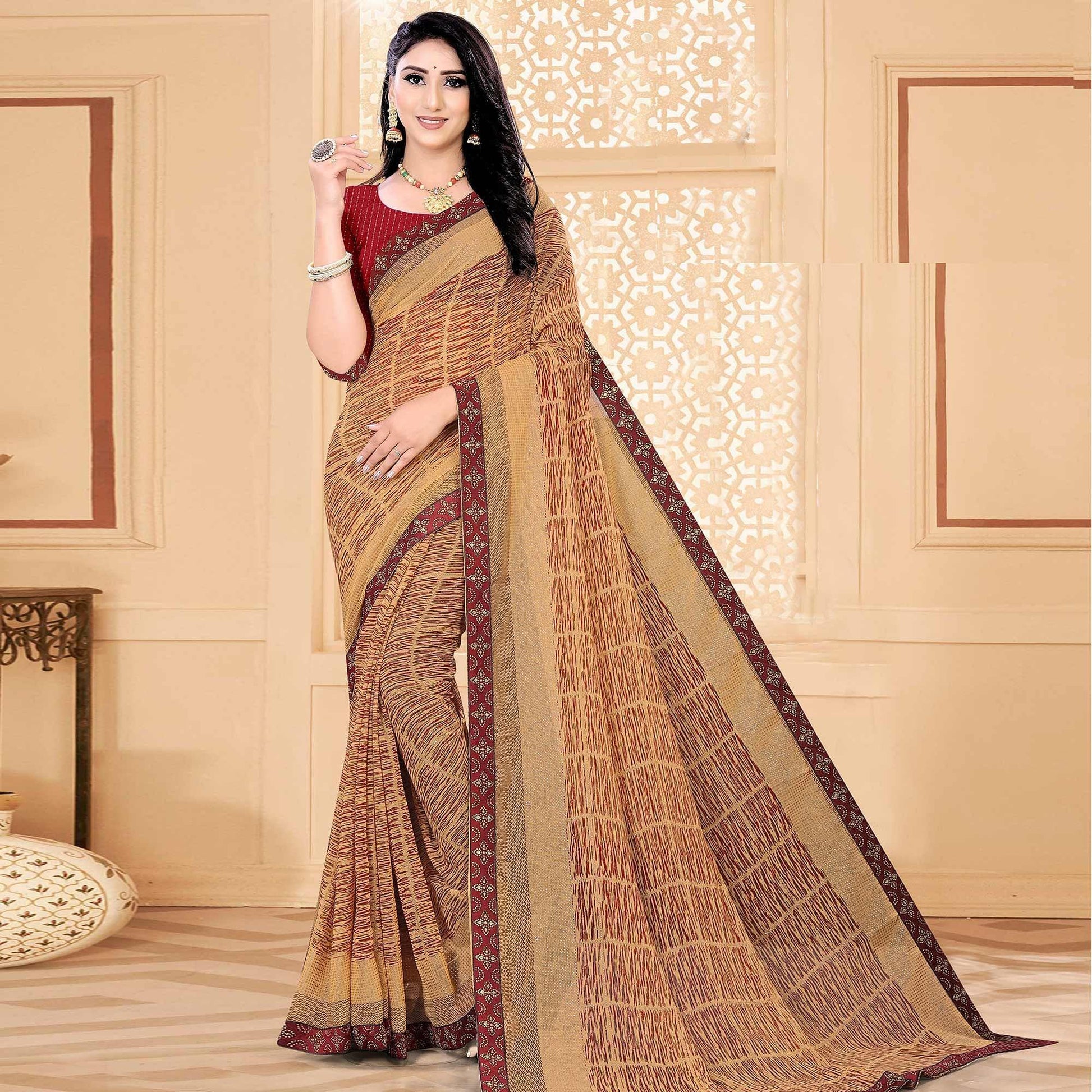 Brown Festive Wear Printed With Lace Work Chiffon Designer Saree