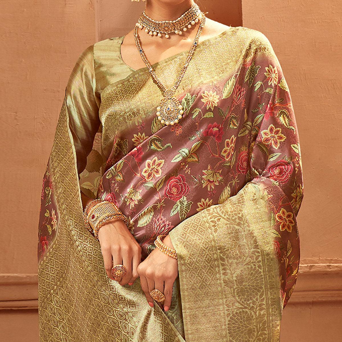 Brown Festive Wear Pure Digital Prints Jacquard Silk Saree