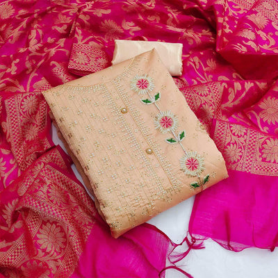 Brown Festive Wear Sequins Embroidered Chanderi Dress Material