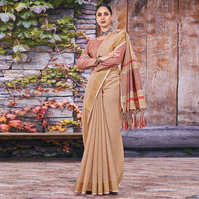 Brown Festive Wear Solid Linen Saree