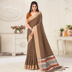 Brown Festive Wear Solid Linen Saree