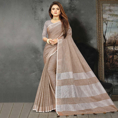 Brown Festive Wear Solid Linen Saree
