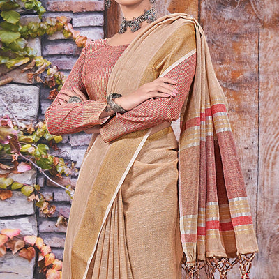 Brown Festive Wear Solid Linen Saree