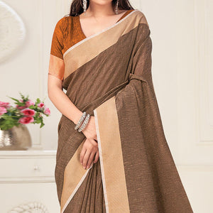 Brown Festive Wear Solid Linen Saree