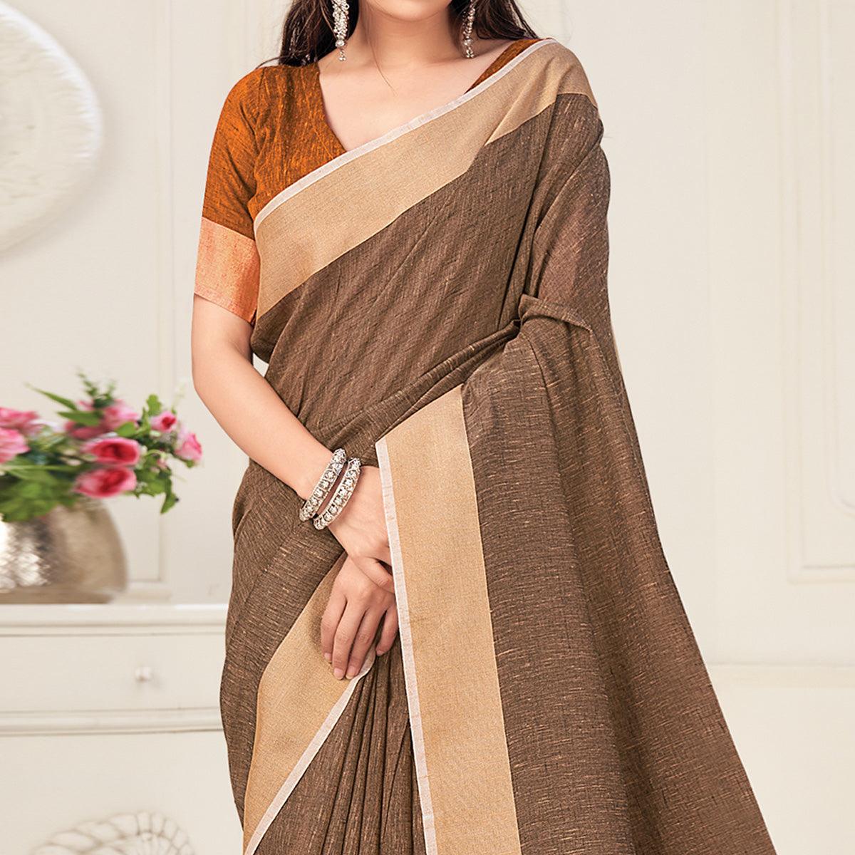Brown Festive Wear Solid Linen Saree