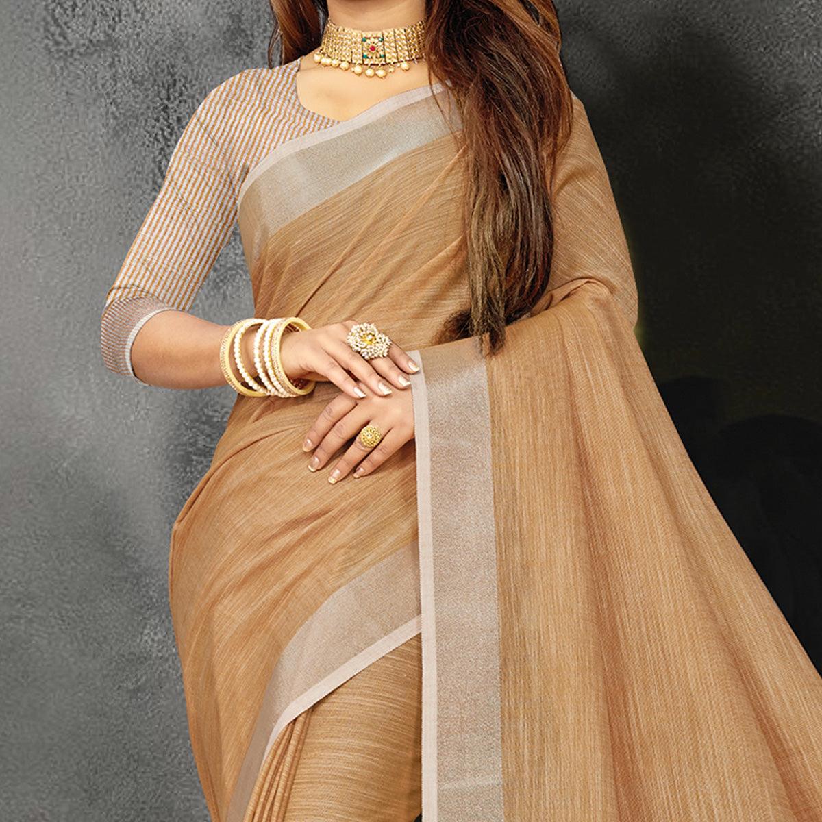 Brown Festive Wear Solid Linen Saree