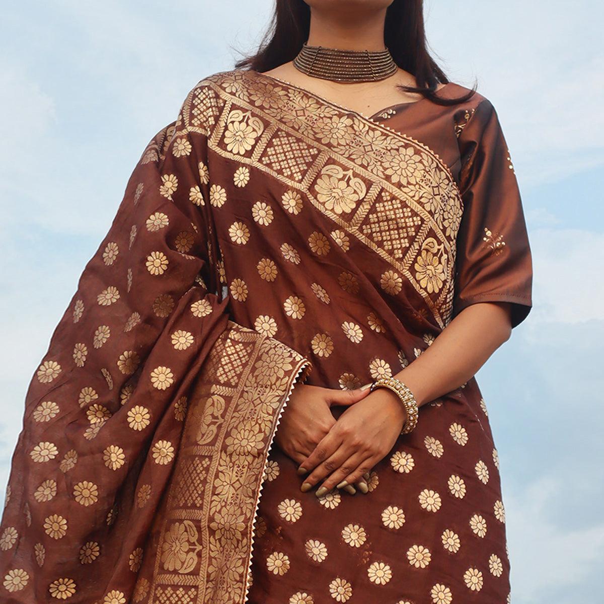 Brown Festive Wear Woven Banarasi Silk Lehenga Choli