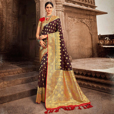 Brown Festive Wear Woven Banarasi Silk Saree With Zari Border Pallu