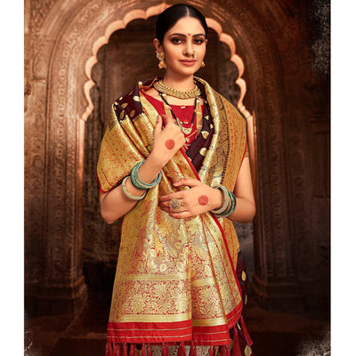 Brown Festive Wear Woven Banarasi Silk Saree With Zari Border Pallu