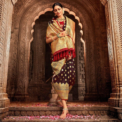 Brown Festive Wear Woven Banarasi Silk Saree With Zari Border Pallu
