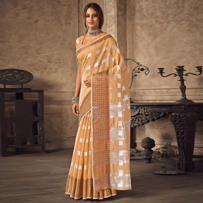 Brown Festive Wear Woven Linen Saree