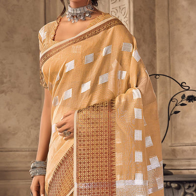 Brown Festive Wear Woven Linen Saree