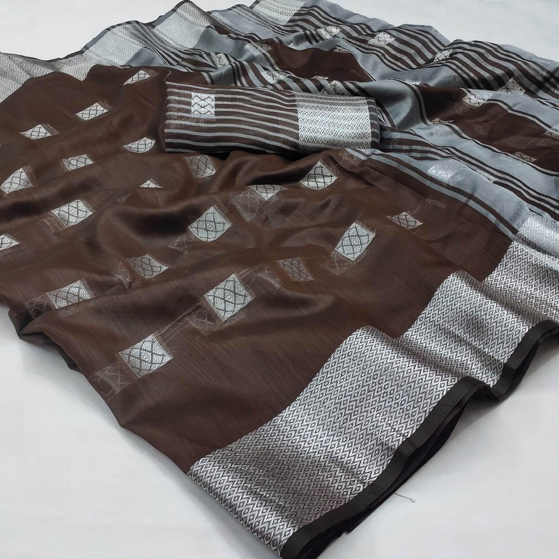 Brown Festive Wear Woven Linen Saree