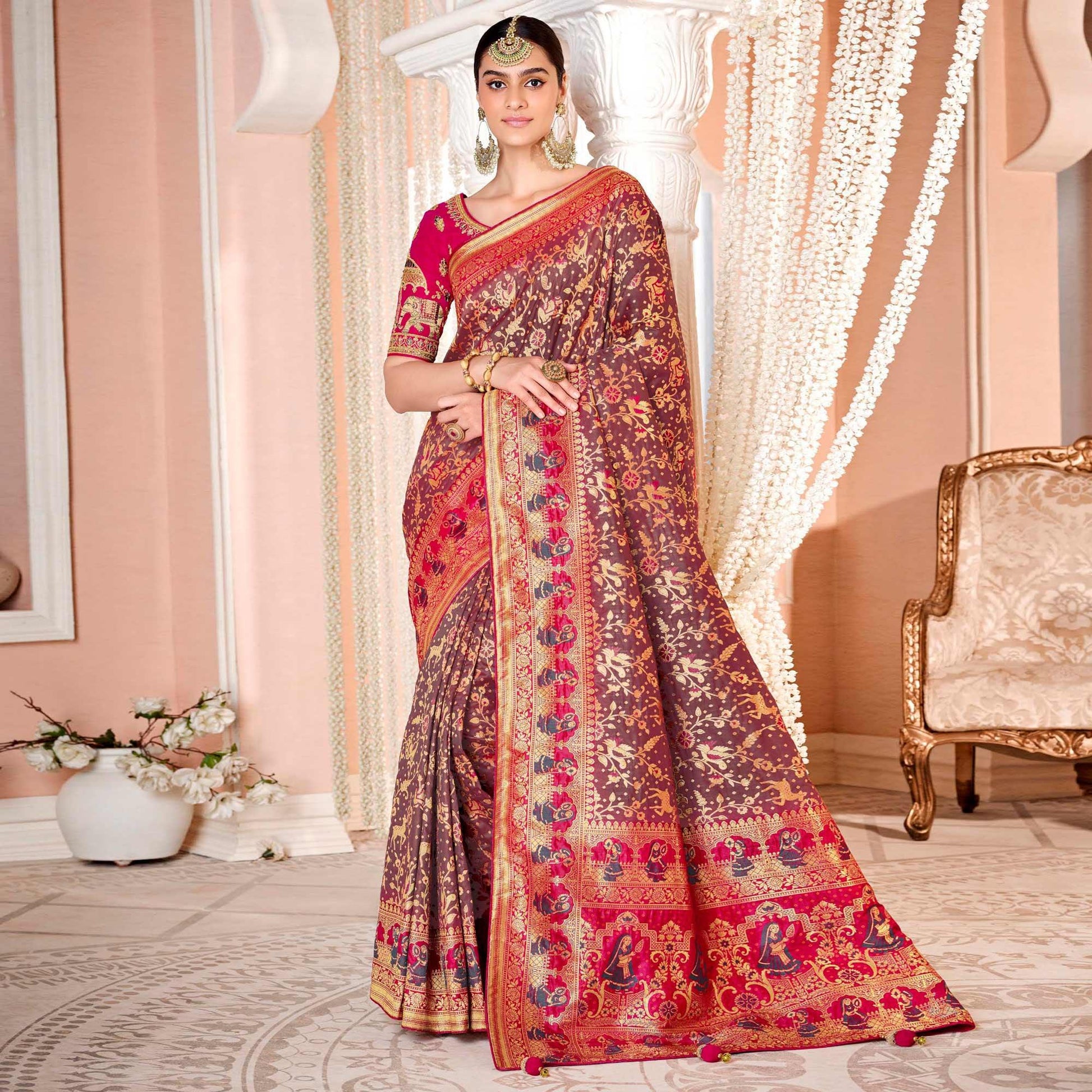Brown Festive Wear Woven Silk Saree