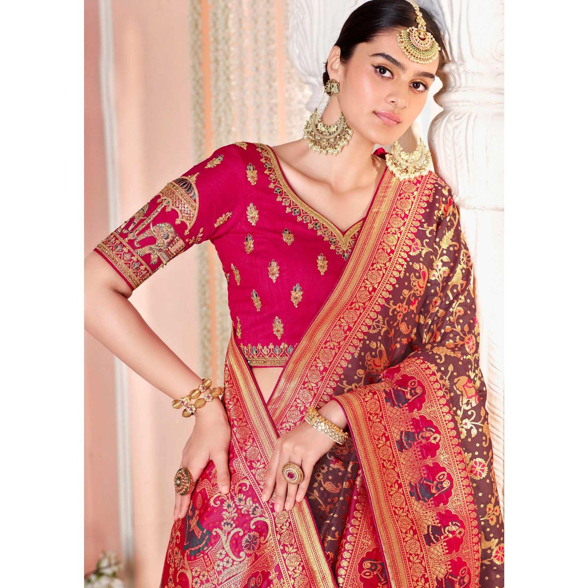 Brown Festive Wear Woven Silk Saree