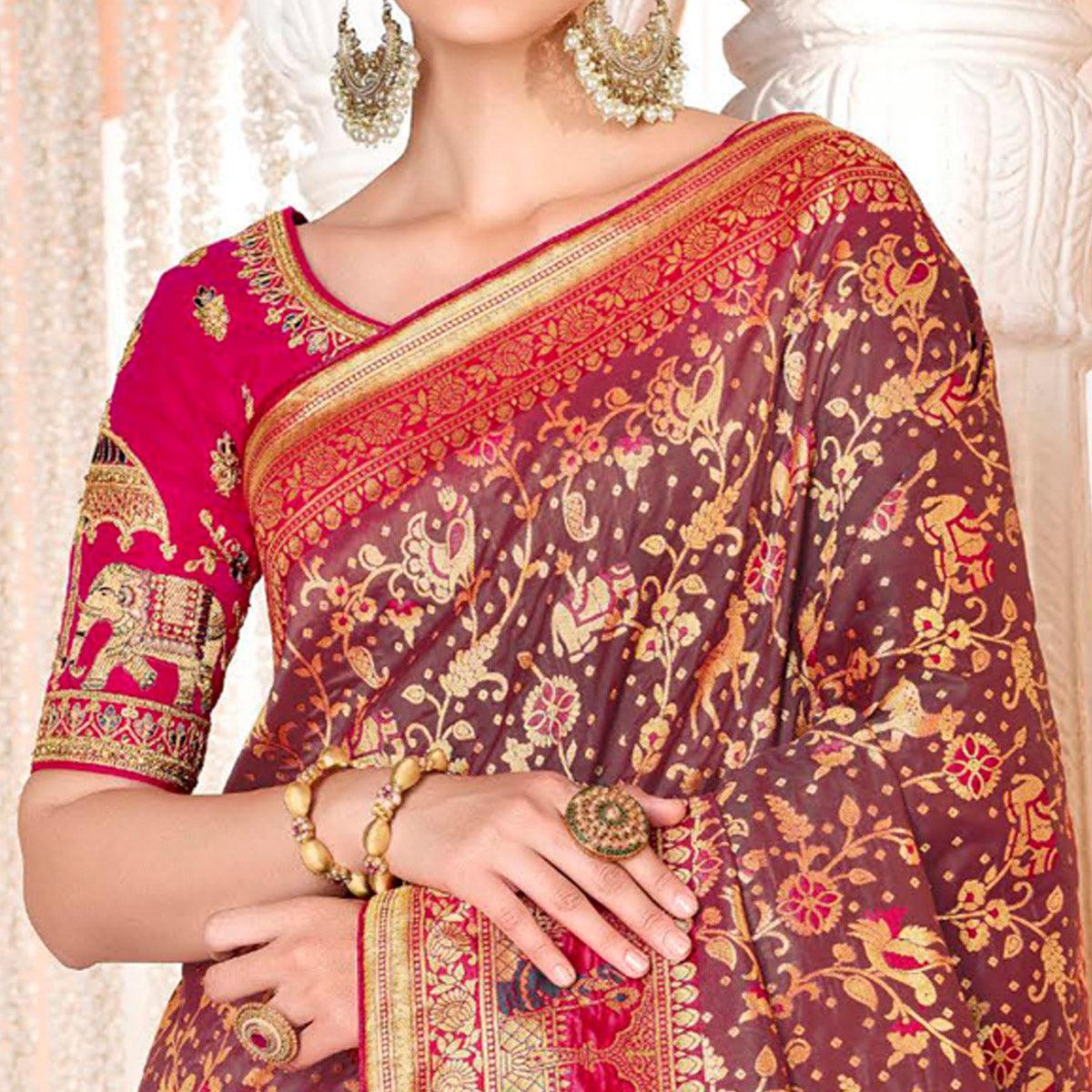 Brown Festive Wear Woven Silk Saree