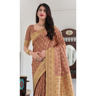 Brown Festive Wear Woven Soft Satin Silk Saree