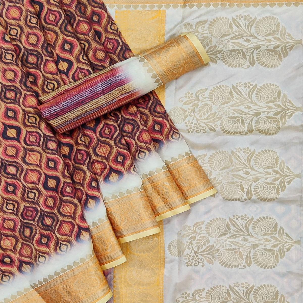 Brown Festive Wear Woven With Digital Printed Silk Saree