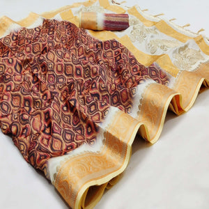 Brown Festive Wear Woven With Digital Printed Silk Saree
