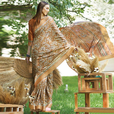 Brown Floral Digital Printed Art Silk Saree