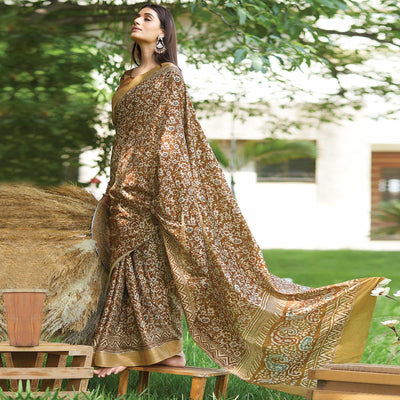 Brown Floral Digital Printed Art Silk Saree