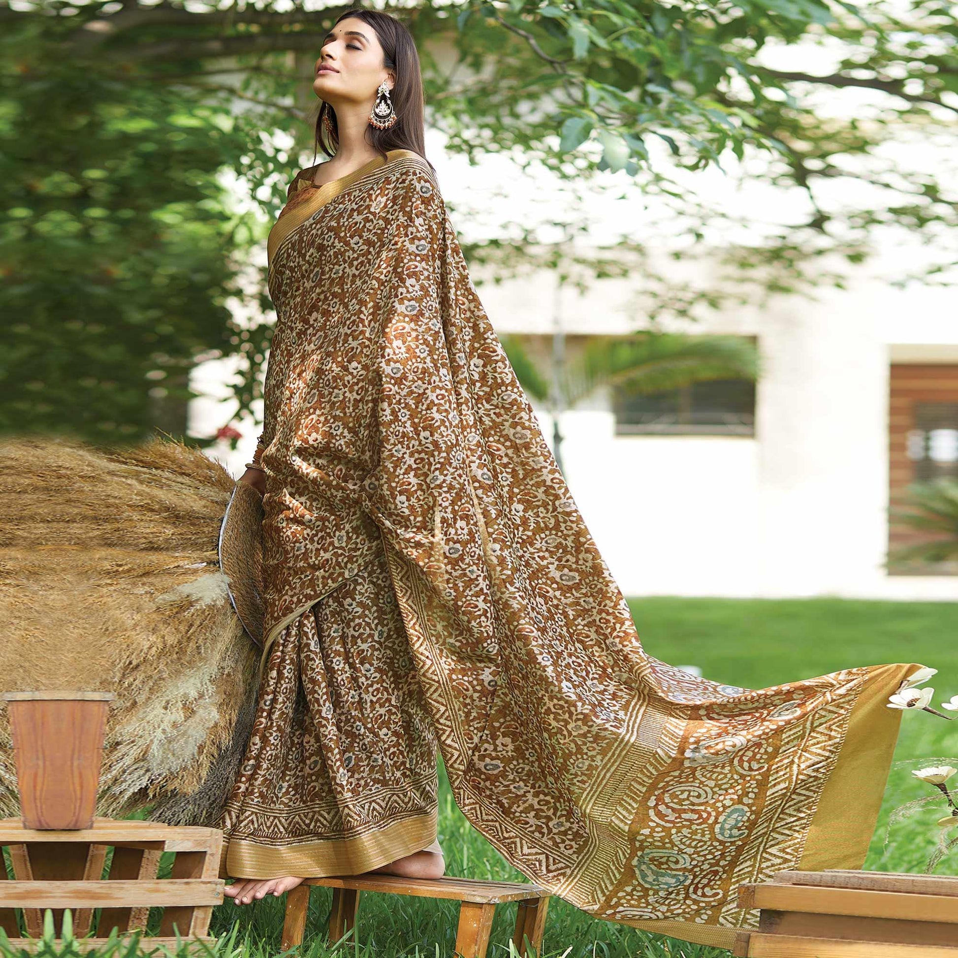 Brown Floral Digital Printed Art Silk Saree