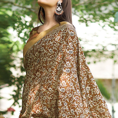 Brown Floral Digital Printed Art Silk Saree