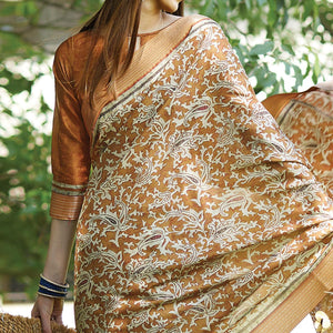 Brown Floral Digital Printed Art Silk Saree