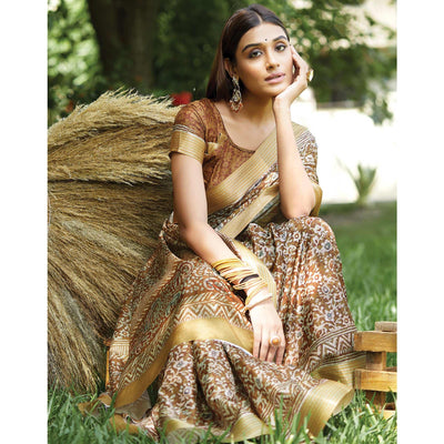 Brown Floral Digital Printed Art Silk Saree