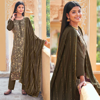 Brown Floral Digital Printed Dola Silk Salwar Suit