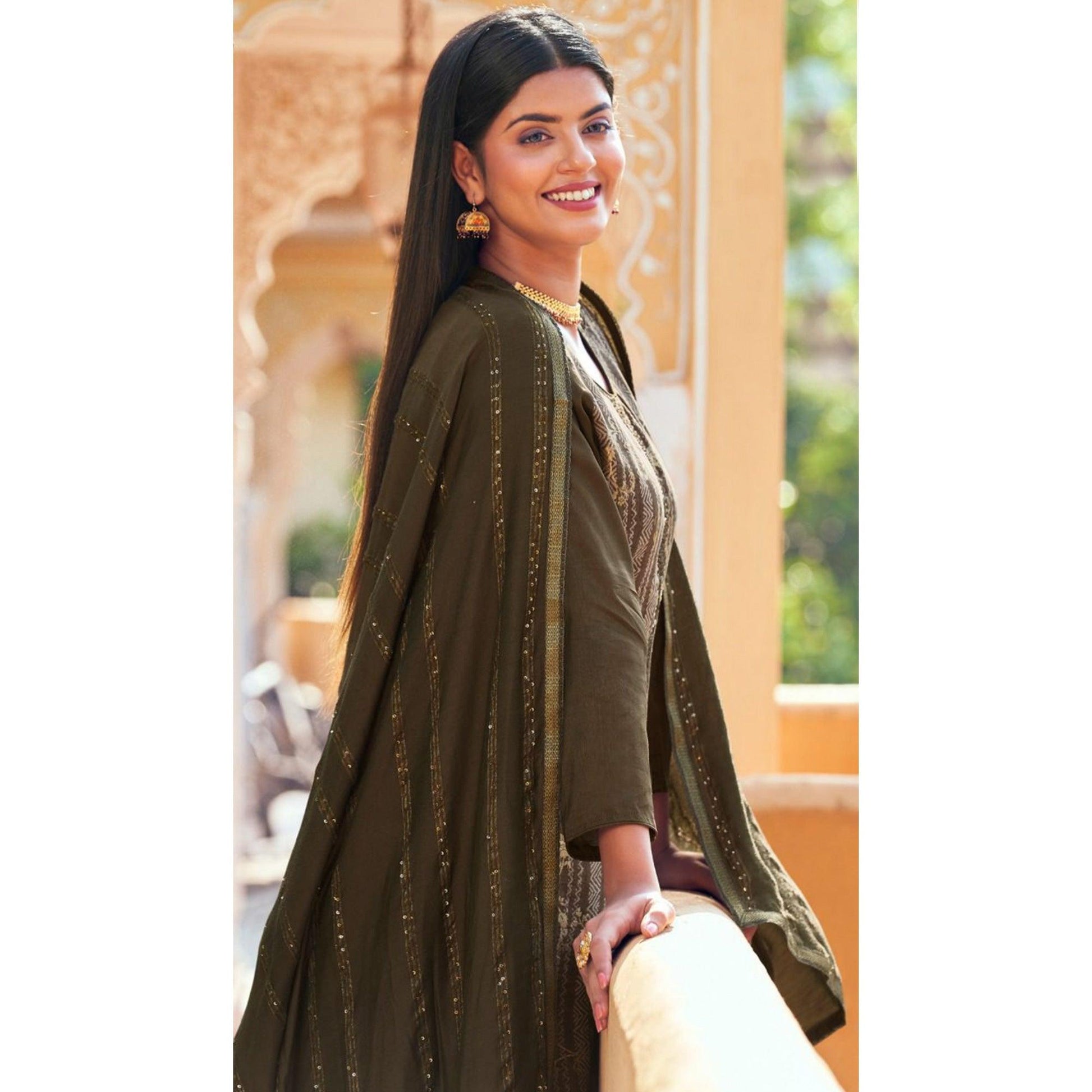 Brown Floral Digital Printed Dola Silk Salwar Suit