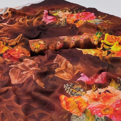 Brown Floral Digital Printed Georgette Saree