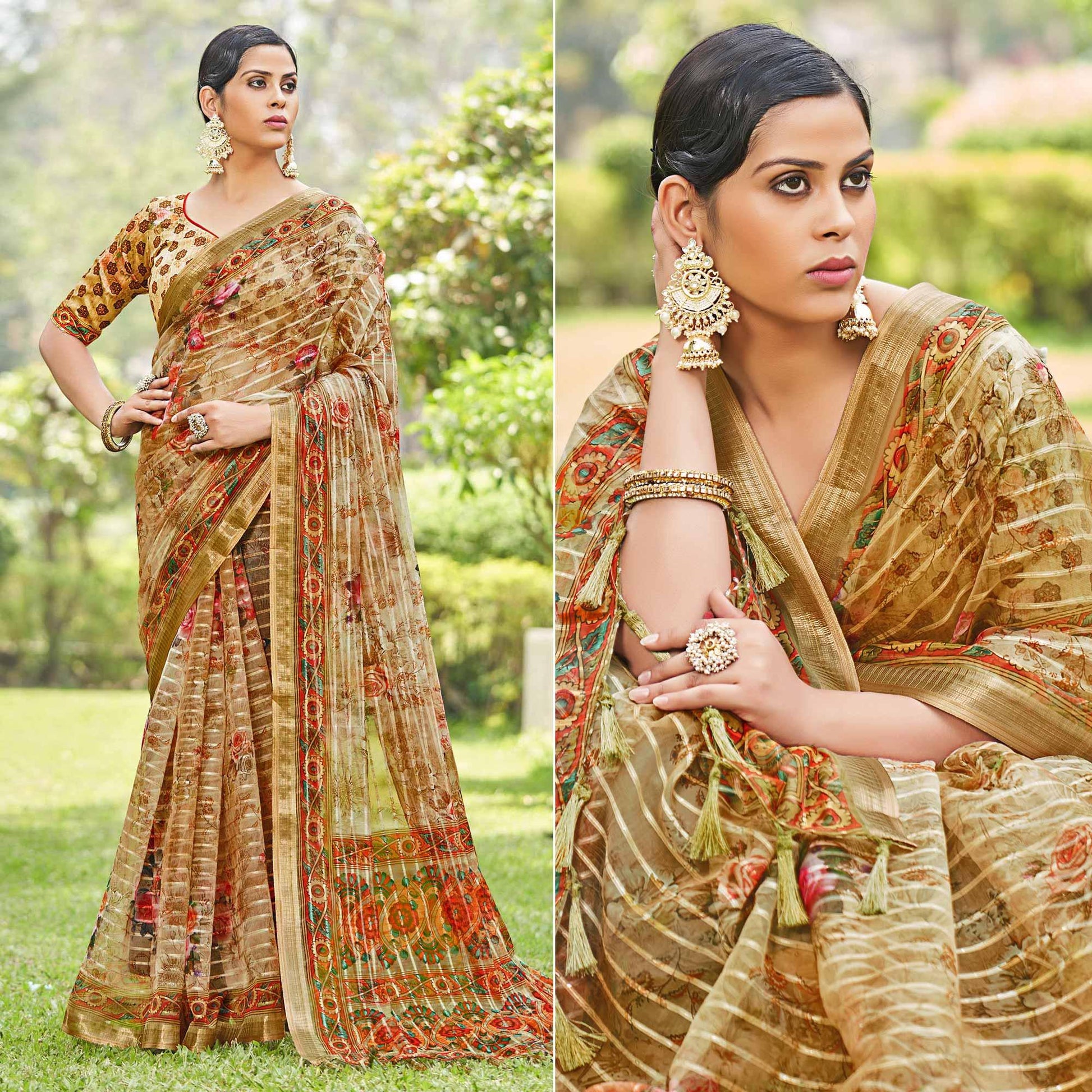 Brown Floral Digital Printed With Sequins Linen Saree