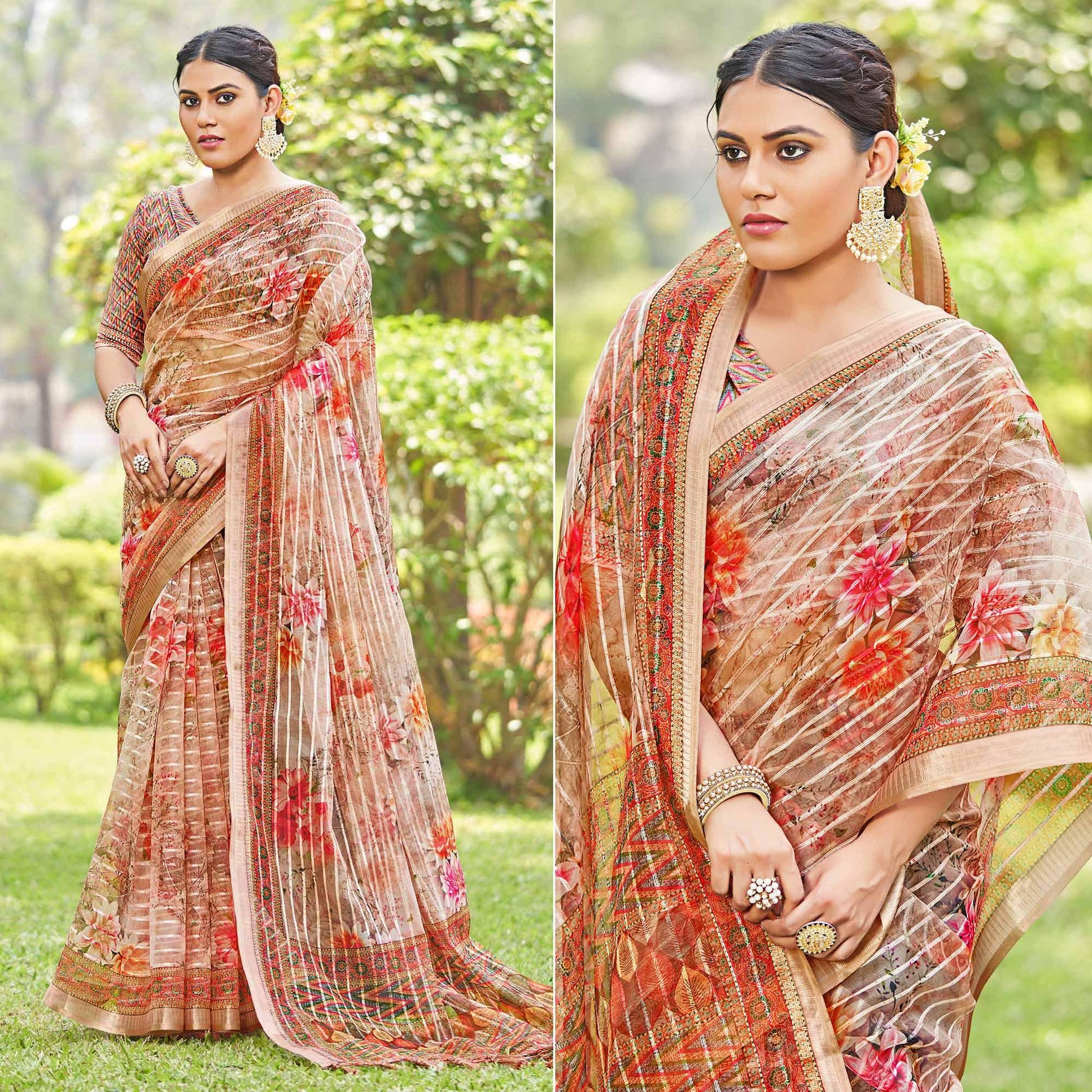 Brown Floral Digital Printed With Sequins Linen Saree