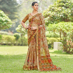 Brown Floral Digital Printed With Sequins Linen Saree