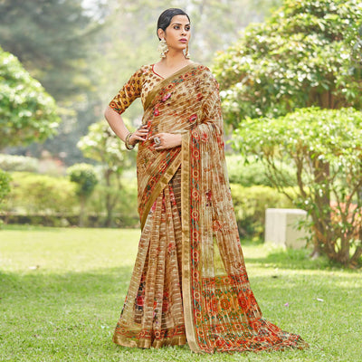 Brown Floral Digital Printed With Sequins Linen Saree